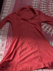 Coral Ribbed V-Neck Midi Dress