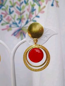 Gold Tone Red Stone Hoop Earrings