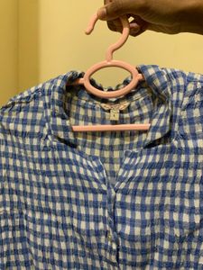 Blue Gingham Crinkle Tunic Top