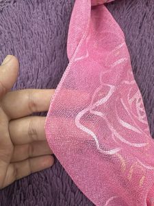 Chic Pink Scarf with Rose Print &amp; Charm
