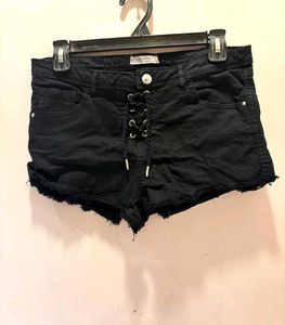 Bershka Black Lace-Up Denim Shorts