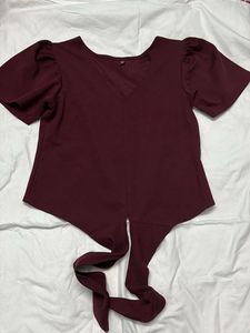 Maroon Puff Sleeve Tie-Back Top