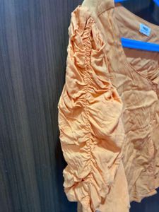 Orange Puff Sleeve Button-Up Top