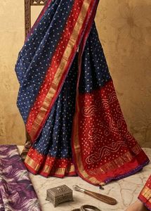 Beautiful Blue &amp; Red Bandhani Saree