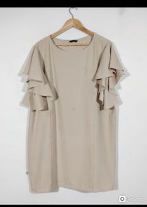 Chic Beige Ruffle Sleeve Dress