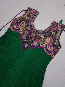 Green Anarkali Gown with Embellished Neckline