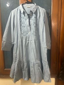 Blue Embroidered Casual Dress