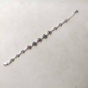 Pure Silver Antique Oxidised Pink&amp;Green CZ Bracele