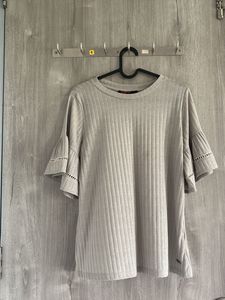 Grey Ribbed Bell Sleeve Top