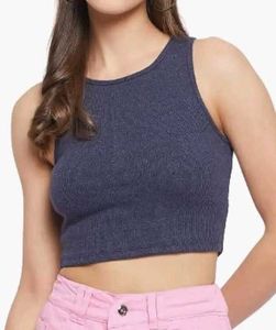 Navy Blue Ribbed Racer Back Sleeveless Crop Top