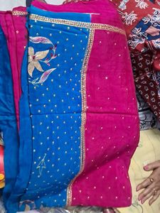 Vibrant Pink & Blue Embroidered Saree