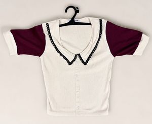 Chic Cream & Maroon Top with Collar