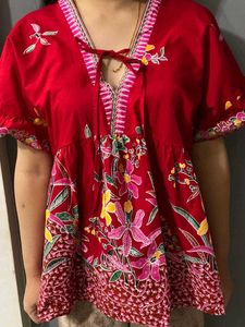 Red Floral Print Kaftan Top