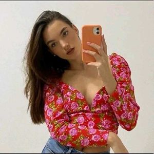 🌸 ZARA Floral Corset Style Crop Top – XS