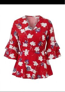 Red Floral Ruffle Sleeve Wrap Top