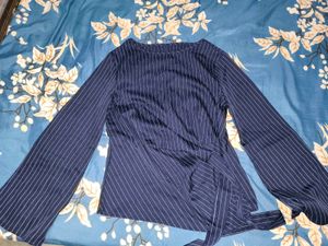 Pinstripe Wrap Tie Blouse