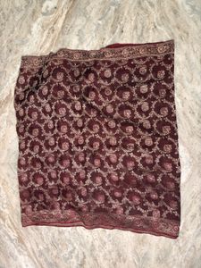 Elegant Maroon Silk Saree with Golden Floral Desig