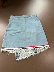 Denim Skirt with Striped Hem