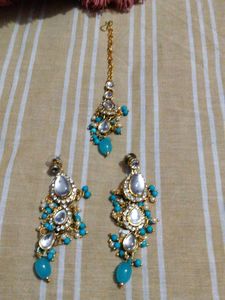 Stunning Blue &amp; White Earrings with mangtika