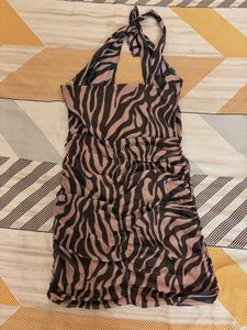 Chic Zebra Print Ruched Halter Dress