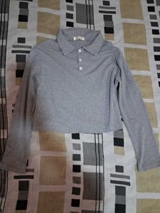 Grey Cropped Polo Neck Top