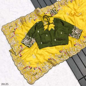 Elegant Yellow Embroidered Premium Chinon Silk Sar