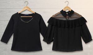Black Chic Combo: Textured & Ruffled Mesh Top