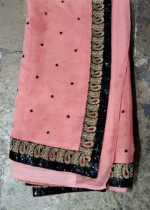 Peach Saree with Black Border