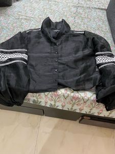 Sheer Black Button-Up Top with White Trim
