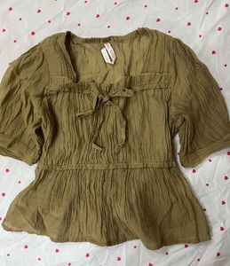 brown  Crinkled Tie-Neck Top