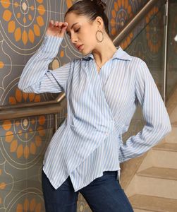 Blue &amp; White Striped Wrap Shirt