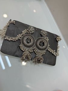 Oxidized Jhumka Earrings with Chain