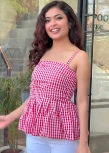 Chic Red Gingham Peplum Top
