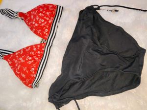Red Floral Bikini Set with Black Bottom