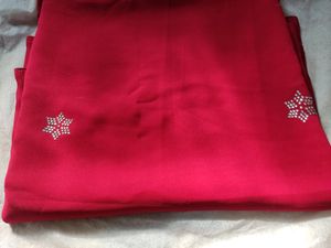 Brand New Red Colour Plain Saree With Stones