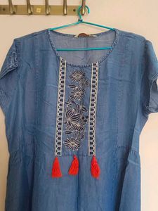 Denim Dress with Tassels