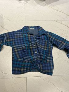 Blue Plaid Twist Front Shirt