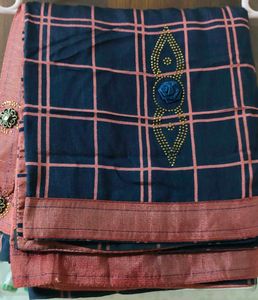 Stylish Checked and Striped Saree with designer bl
