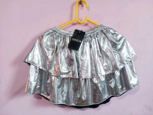 Metallic Silver Ruffled Mini Skirt