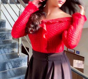 Chic Off-Shoulder Red Knit Top