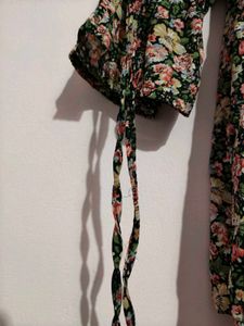 Floral Print Bardot Top with Tie Sleeves
