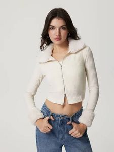 Cream Ribbed Zip-Up Top with Fur Collar