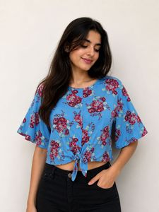 FREE DELIVERY ❗️Blue Floral Print Tie-Front Top