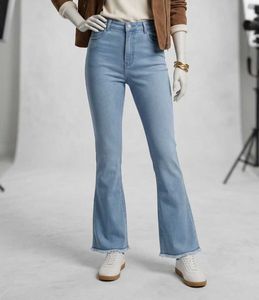 High-Waisted Raw Hem Flare Jeans.
