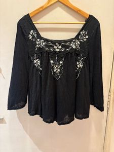 Black Embroidered Square Neck Top