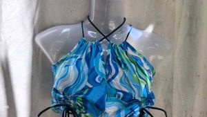 Blue Swirl Halter Neck Crop Top