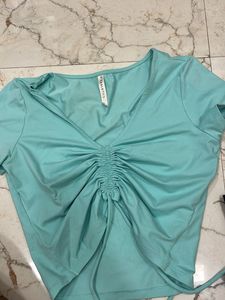 Mint Green Ruched V-Neck Top