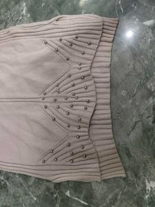 Beige Studded Knit Sweater Dress