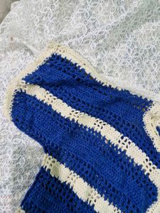 Blue &amp; White Striped Crochet Cardigan