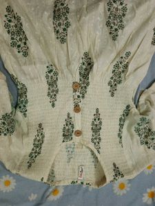 Cream Floral Smocked Kurta
